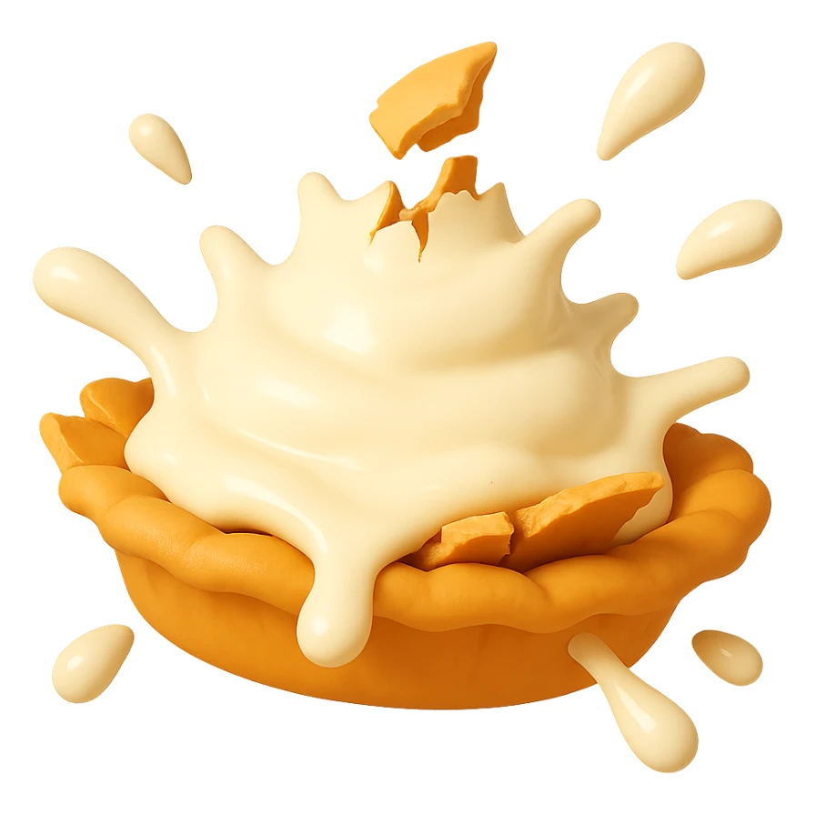 Show the cream pie mid-splat, cream spreading out, crust breaking, playful 3D emoji style, golden brown crust, same angle as reference. (Stage 4 of 6) sticker