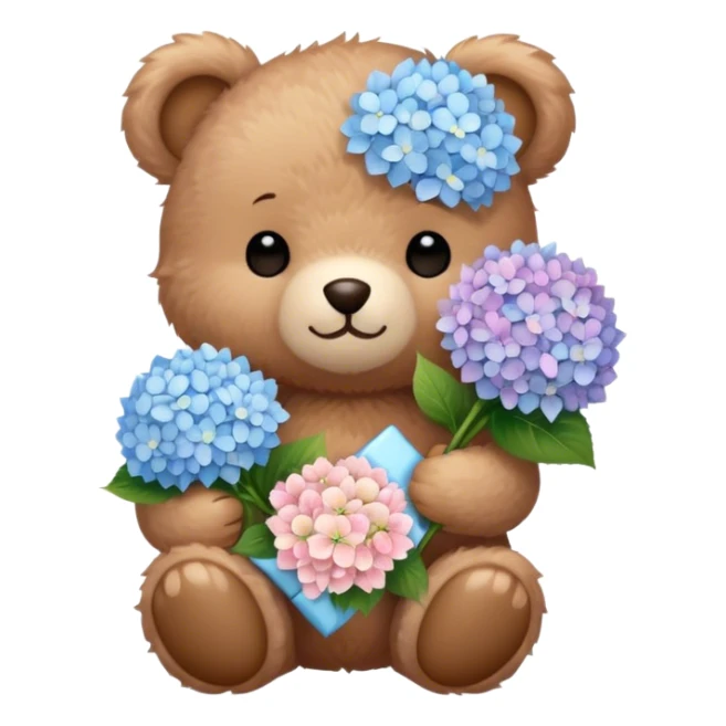 light brown teddy bear super cute holding a light pink and light blue bouquet of hydrangeas sticker