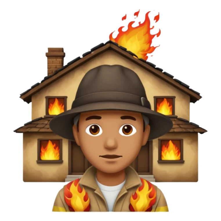 a man standing with a house burning with dramatic flames behind him, apple style emoji sticker