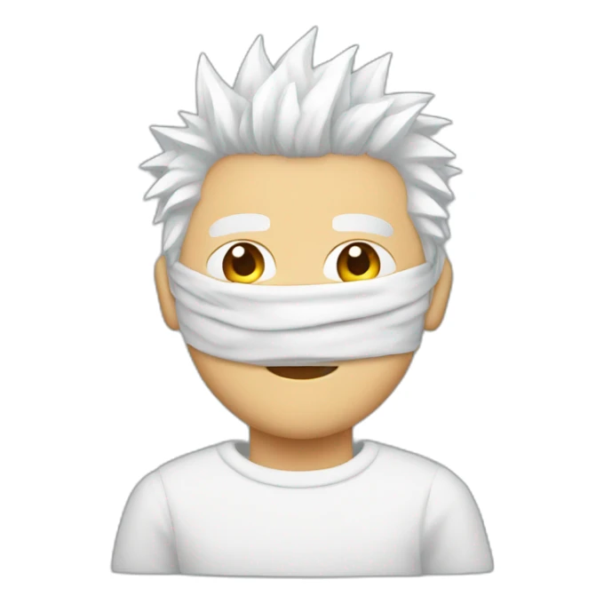 Man with blindfold and white spiky hair wearing white sweater sticker