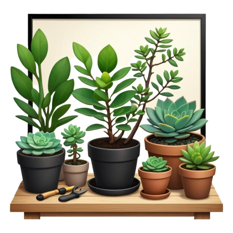 Close-up of a potted sapling being nurtured in rich soil, surrounded by vibrant plants and succulents. Sunlight filters through the window, casting soft shadows. Cozy indoor garden with gardening tools placed neatly on a wooden table. sticker