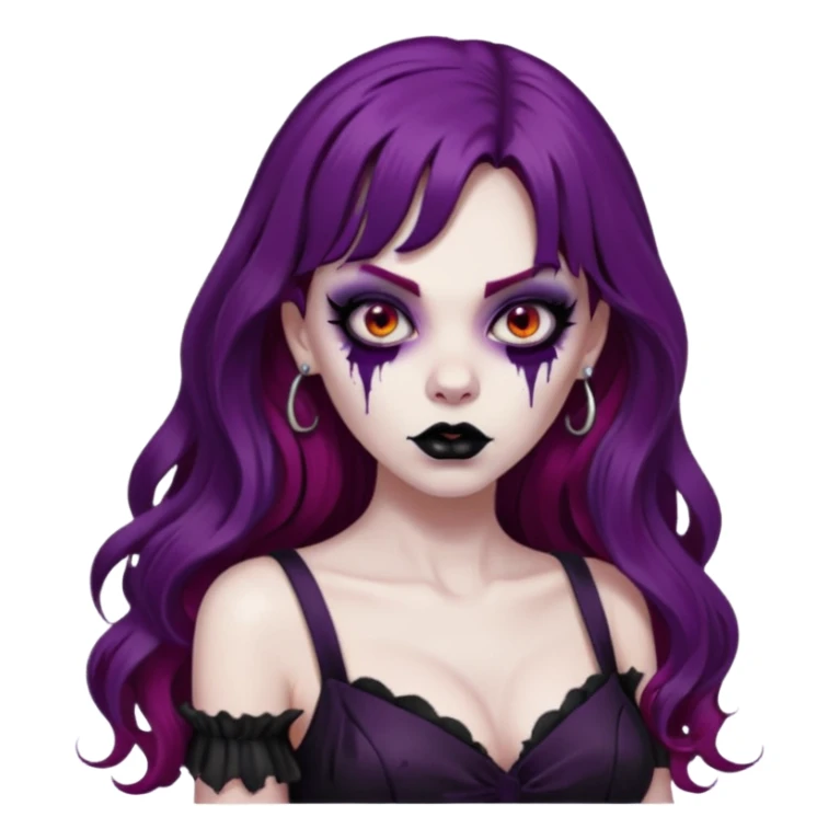 vampira gótica zumbi de cabelo longo e vermelho quase roxo e franja e roupa com decote e batom preto sticker