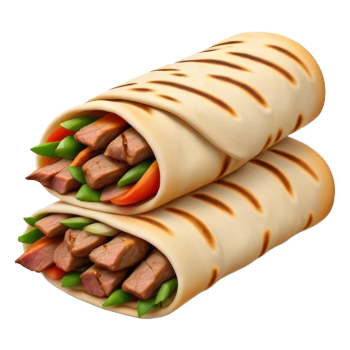 Cinematic Realistic Shawarma Dish Emoji, showcasing spiced, succulent meat wrapped in flatbread with fresh vegetables rendered with lifelike detail and dynamic, appetizing lighting. sticker