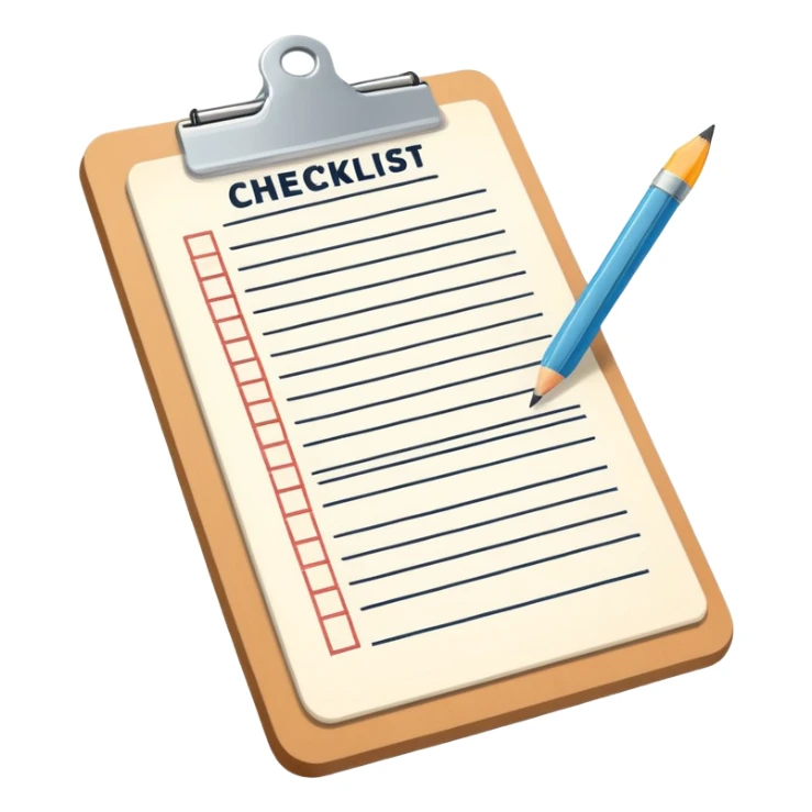 A flat-style illustration of a clipboard with a checklist, symbolizing vocational training. Clean and minimal, cartoon style, white background, iOS emoji aesthetic. sticker