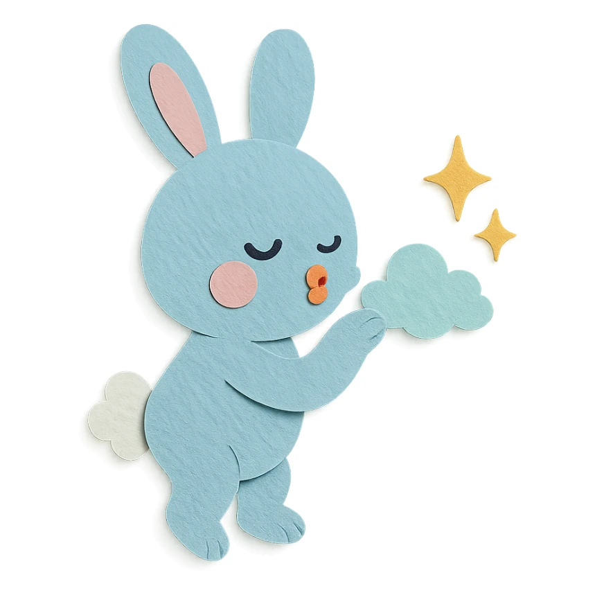 full-body pastel blue bunny with cloud, blowing a kiss with sparkles, paper-craft style sticker