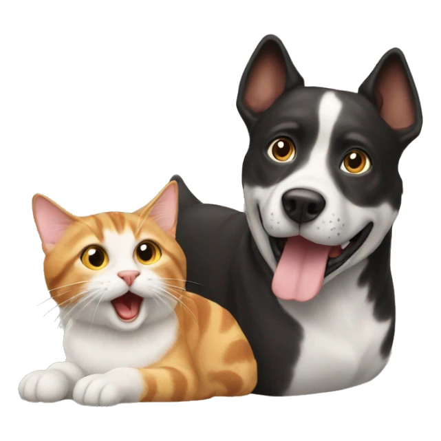 A dog plying with a cat sticker