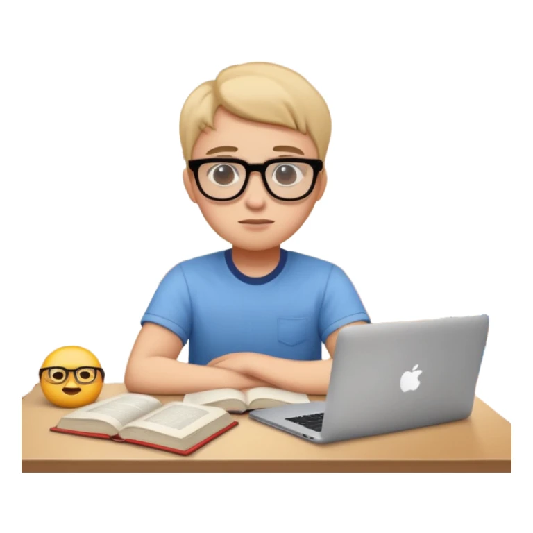 emoji student studying at home english books, macbook bored, room, white background sticker