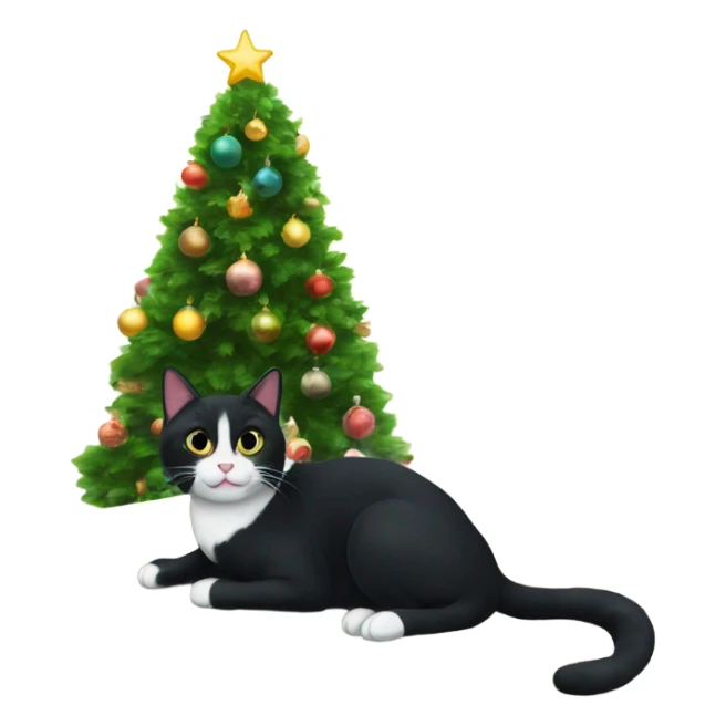 Black tuxedo cat sitting Christmas tree  sticker