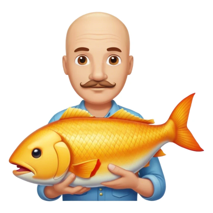 Bald white man with mustache holding a big fish sticker