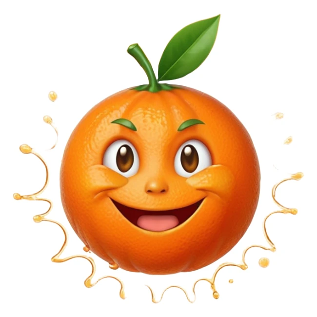 Juicy explosion mandarin emoji, bursting juice splash everywhere, exaggerated happy reaction, bright orange color, simple cartoon style, transparent background. sticker