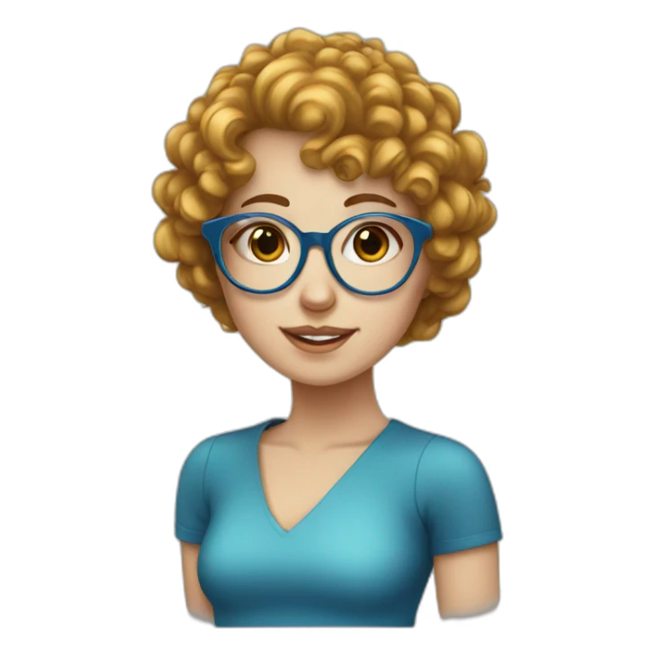 white girl with blue curly hair, bangs, round glasses sticker
