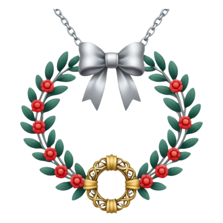 A silver necklace with a wreath shaped pendant and a bow at the top sticker