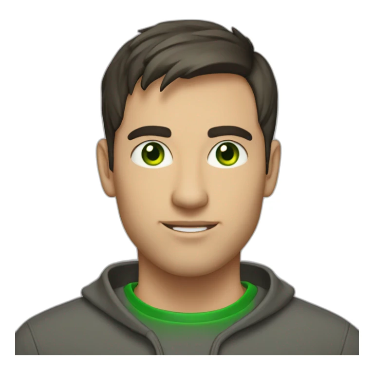 it project manager, 27 yo, man, dark short hair, green eyes, sweatshirt sticker