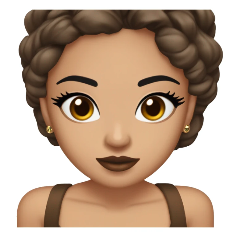 Maddy Perez has warm brown eyes with bold black eyeliner, dark brows, full nude-to-berry lips, bronzed skin, and sharp cheekbones. Her sleek dark brown hair is styled with waves or ponytails, often with rhinestones.

 sticker