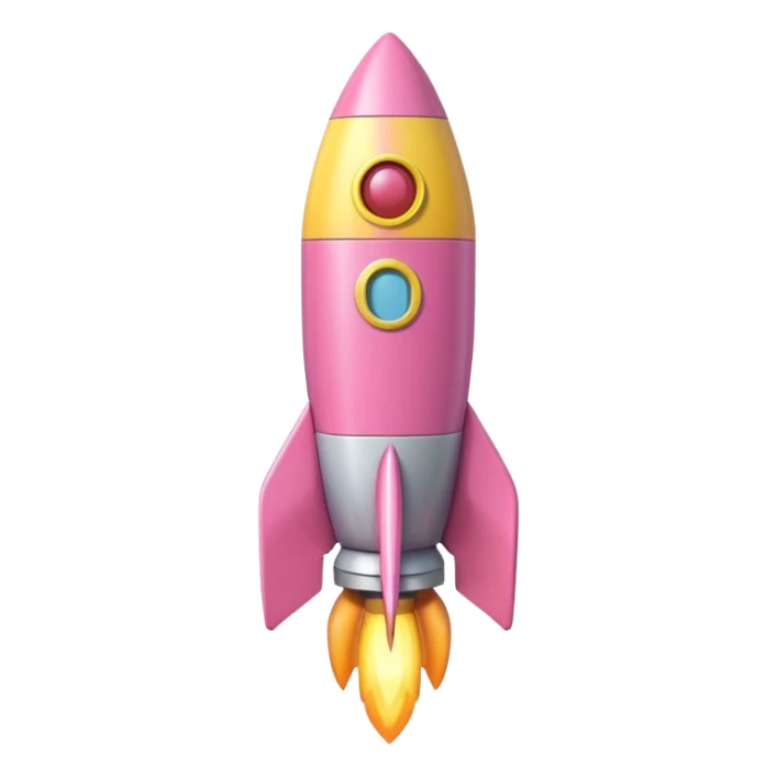 A single rocket, colored in pastel pink and yellow, glossy and smooth, cartoonish, vibrant colors, high detail, simple and cute design, isolated on white background, centered composition sticker