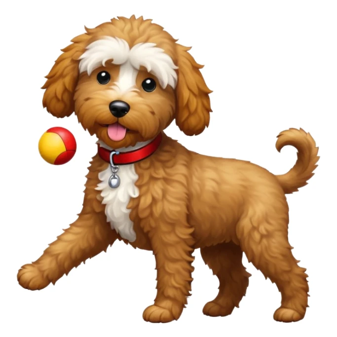 Labradoodle with black collar catching a red and yellow ball sticker
