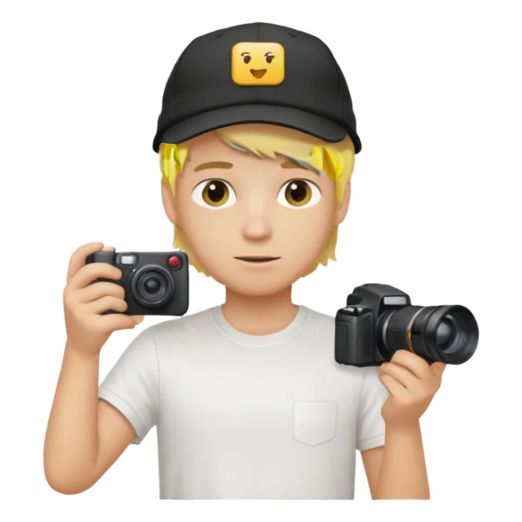 Young male, holding camera, white t-shirt, cap, blond hair sticker