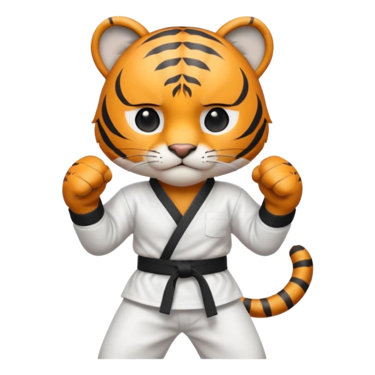cute tiger doing karate portrait, head and shoulders only, wearing white gi uniform, black belt visible, fierce expression, 3D cartoon, mobile game icon style, clean background, no text, no watermark
 sticker