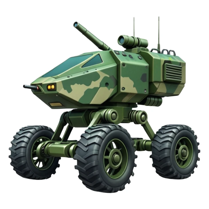 a 4-wheel armored camouflage army massive mech trail vehicle shooting forward side-hill leaning actively independent suspended pod gimbal enemy mech off-road racing rover with large fast engine  sticker