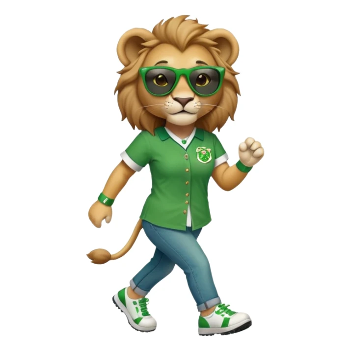 friendly anthropomorphised female lion wearing green and white baseball shirt, jeans, festive St. Patrick's Day accessories, dark sunglasses, walking upright with confident stride sticker