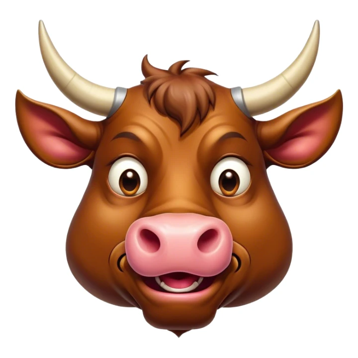 Cinematic Comical Domestic Bull Portrait Emoji, Head tilted dramatically with an exaggeratedly amused expression, featuring a striking, glossy coat with boldly defined horns and wide, expressive eyes brimming with playful disbelief, Simplified yet hilariously expressive features, highly detailed, glowing with a slightly sassy, earthy glow, high shine, dramatic yet playful, stylized with an air of cheeky rural mischief, soft glowing outline, capturing the essence of a spirited and over-the-top domestic bull that looks ready to charge its way into internet fame instantly! sticker