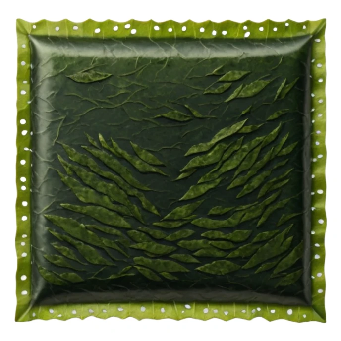 dried seaweed sheet nori, rectangular, deep green to olive, uneven edges, papery texture, thin and crisp, subtle glossy reflections, no packaging, no extra items, no faces, clean 3D, soft shadows, transparent background, emoji scale sticker