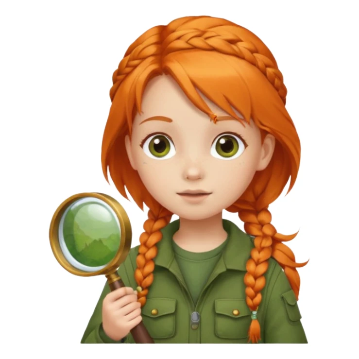 braid orange haired girl kid in moss green explorer outfit, holding magnifying glass sticker