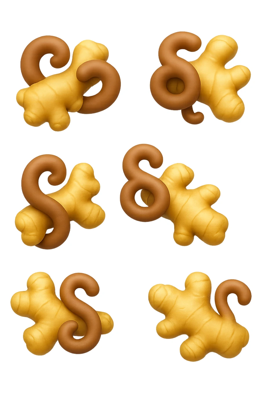 emoji stile iphone 3d di 6 piccoli pezzi di zenzero che fluttuano in aria con pezzi di colon arrotolati intorno, iperrealistico 4k sticker