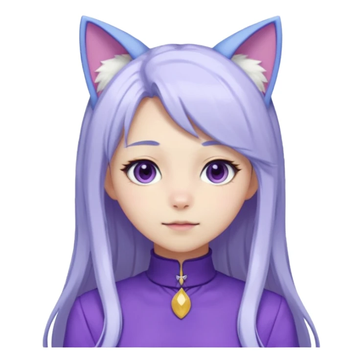 female anime character with long white hair and periwinkle highlights and cat ears on her head. She is wearing a purple outfit with a high neckline and long sleeves.  sticker