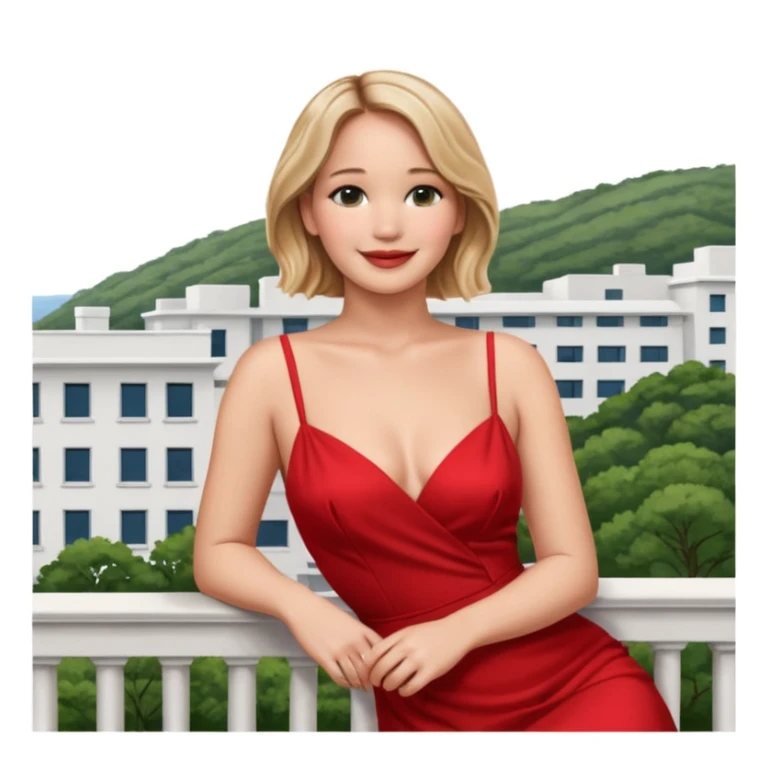 jennifer lawrence, red dress leaning on a balcony with a harbor and cityscape in the background, smiling, closeup sticker