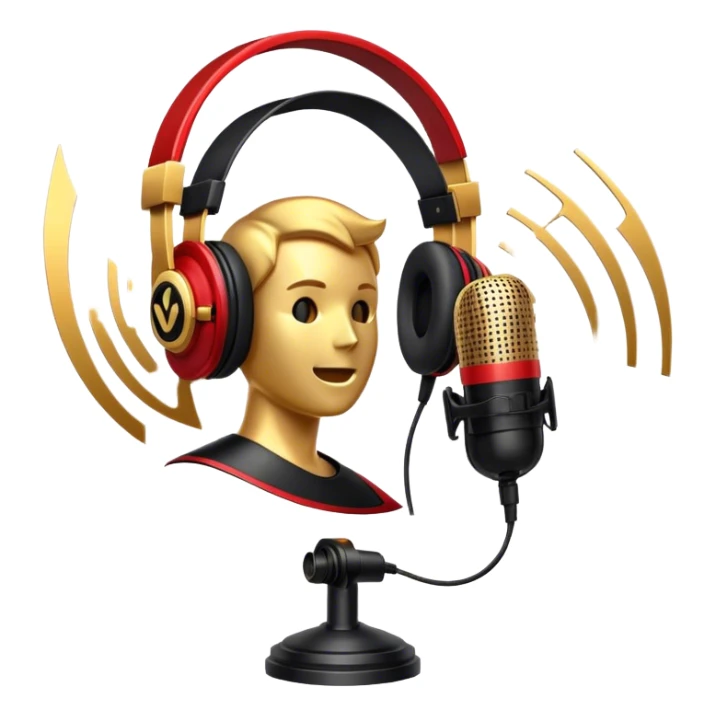 Create a dynamic and cinematic emoji that represents voice-over and dubbing in films. The design should feature a microphone, sound waves, and a film reel or movie clapperboard, symbolizing the connection between voice acting and film production. Add elements like headphones or a voice actor's silhouette to emphasize the human element of dubbing. Use vibrant, cinematic colors like gold, black, and red to create a sense of drama and creativity. The background should be transparent. sticker