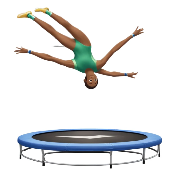 An athletic person soaring high above a trampoline, executing an acrobatic flip with perfect form. The scene captures motion and energy, with a dynamic pose, stretched limbs, and a focused expression. The background suggests a professional trampoline arena with safety padding. sticker