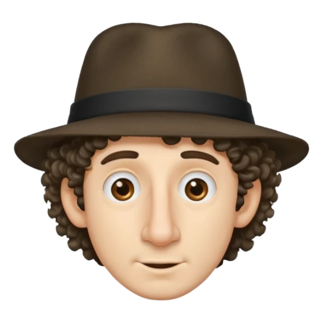 a guy with a huge nose short stringy curly hair and a small hat sticker