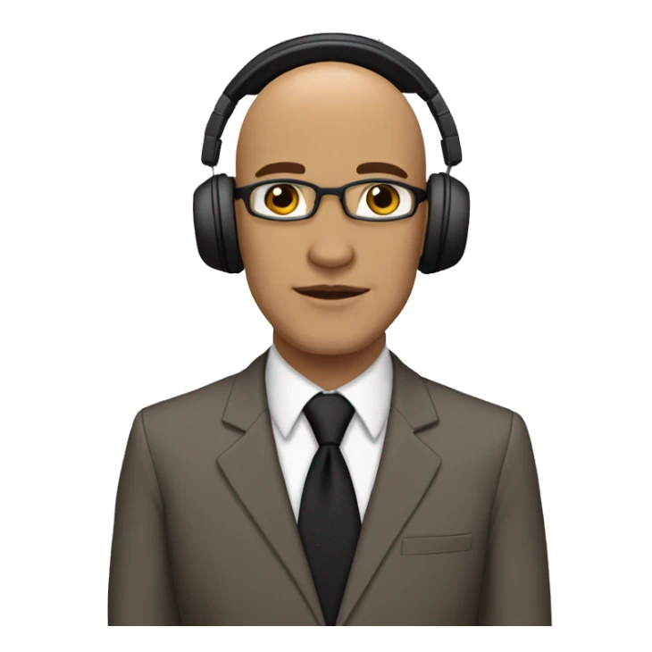 light skinned bald teacher with brown eyes wearing a black suit and a tan tie with a geometric pattern. teacher also wearing headphones  sticker