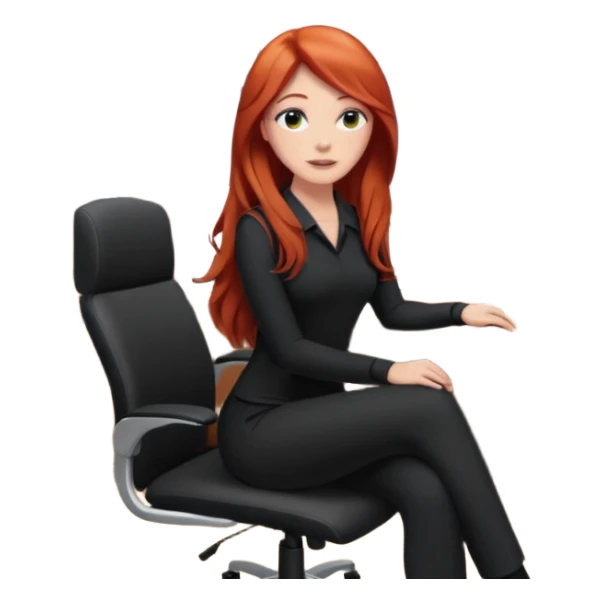 Video call therapy session: red-haired therapist with long hair wearing black minimalist clothing, seated in a professional home office, looking at the webcam; calm, modern teletherapy setting sticker