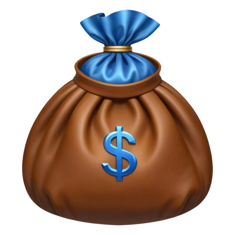 brown money bag with a blue coin  sticker
