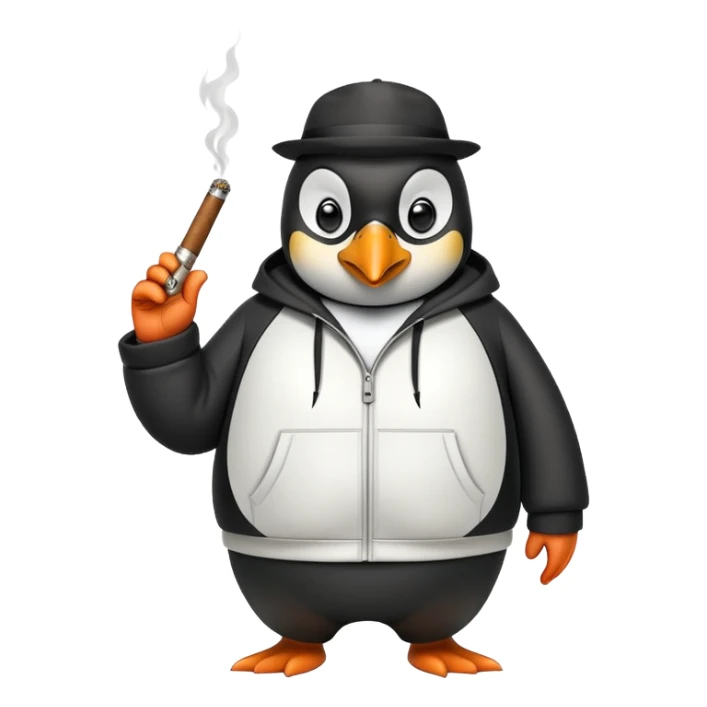 friendly anthropomorphised penguin wearing a mafia-style tracksuit, holding a cigar, secretive scheming pose, soprano vibe sticker