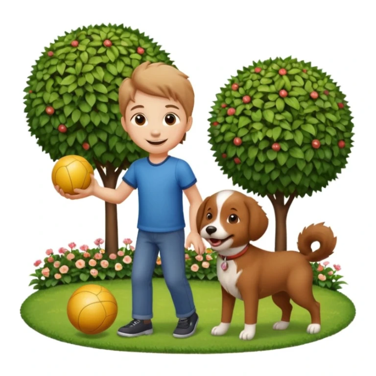 kid and dog playing with ball, garden background sticker