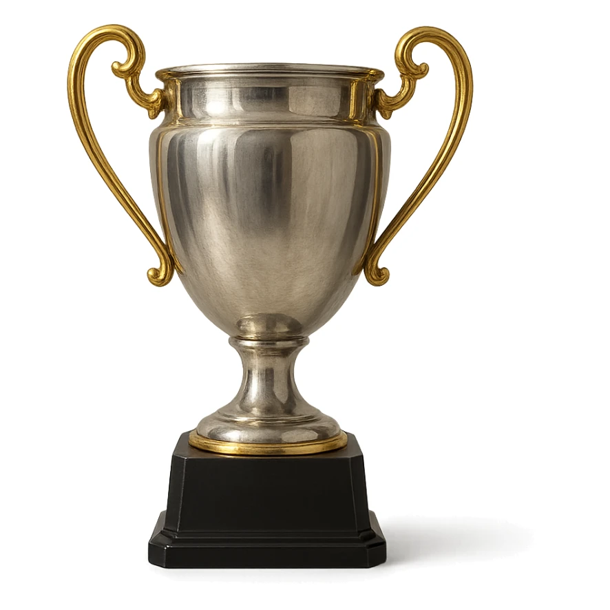 a classic trophy with a silver body and gold handles, detailed and reflective, transparent background sticker