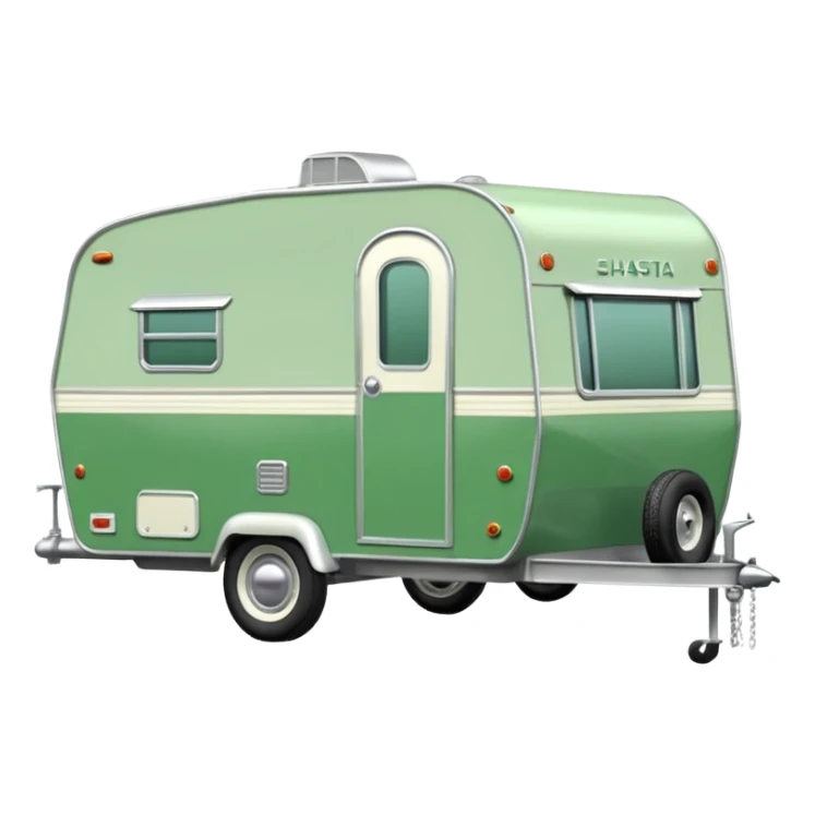 1960s Shasta trailer, single axle wheels, colored all green, the same green shade as movie trailer green preview card, light grey tires and grey hitch sticker