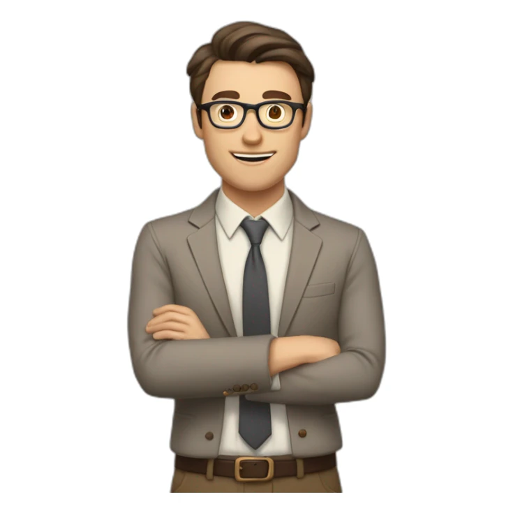 To belt Actively gesturing with hands Okay Pale skinned fit man with dark brown hair in gray jacket, beige office shirt, brown tie, brown pants and vintage glasses. sticker