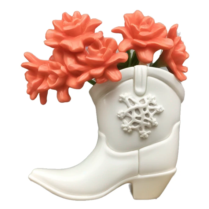 White cowgirl boot vase with coral sticker