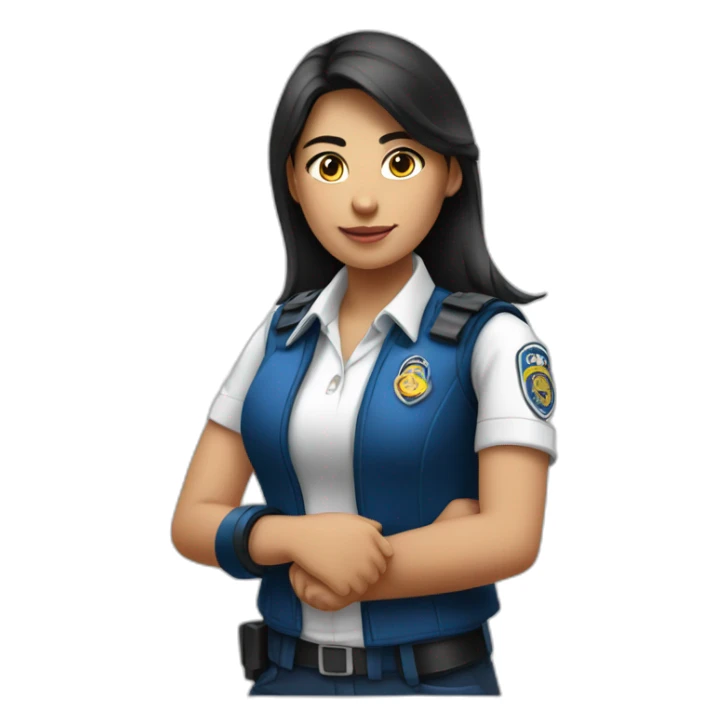 A PERUVIAN SECURITY AGENT GIRL, IN A BLUE VEST AND WHITE SHIRT. SAY OK WITH YOUR HAND. sticker