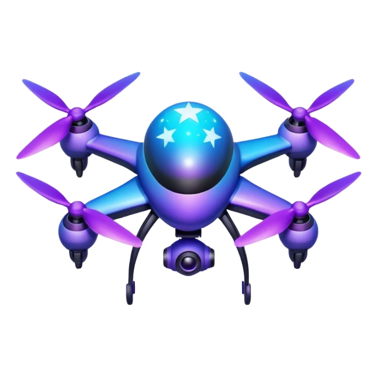 Galaxy drone emoji, with 4 wings cosmic purple blue gradient, glowing stars texture, neon propellers, 3D glossy, futuristic, transparent background. sticker