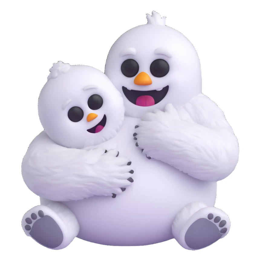 Abominable Snowman hugging a little person, 3D emoji style sticker