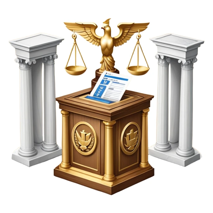 An icon featuring a ballot box with a voting paper, a government building with columns, and a scale of justice, symbolizing political science. The design includes a world map in the background, representing global political systems. Transparent background highlights governance and civic studies. sticker