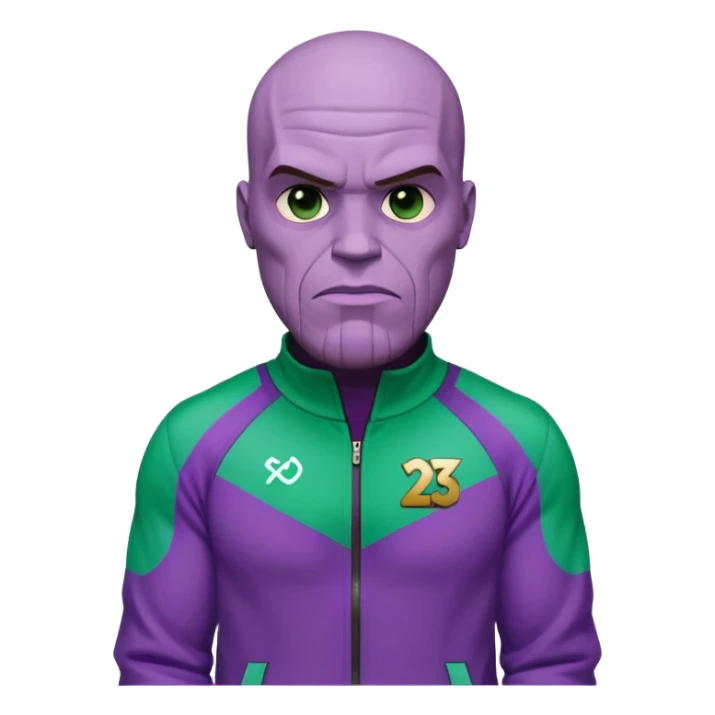 purple-skinned Thanos wearing a green Squid Game player tracksuit with number 230 sticker