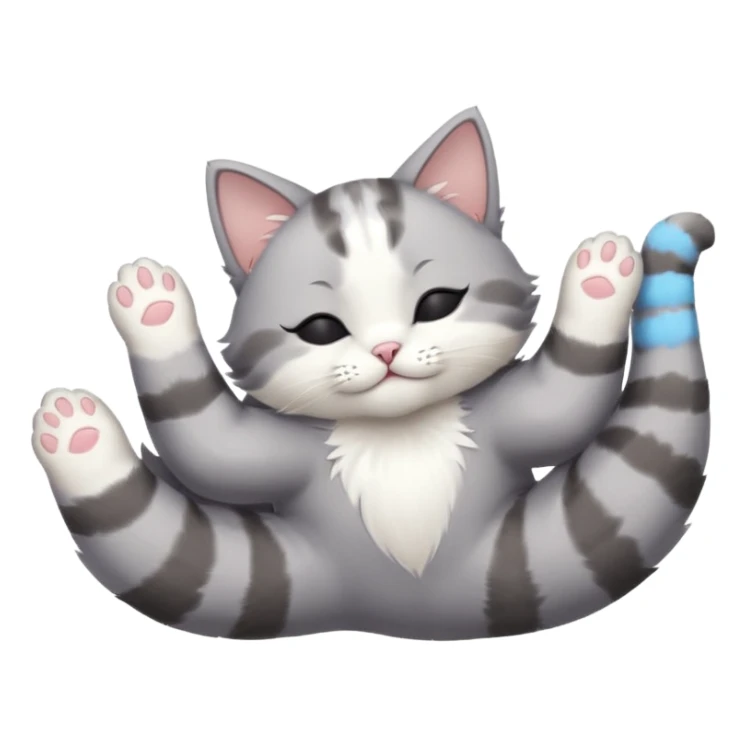 grey and white small cat eyes closed lying down upside down with paws stretched out straight in different directions sticker