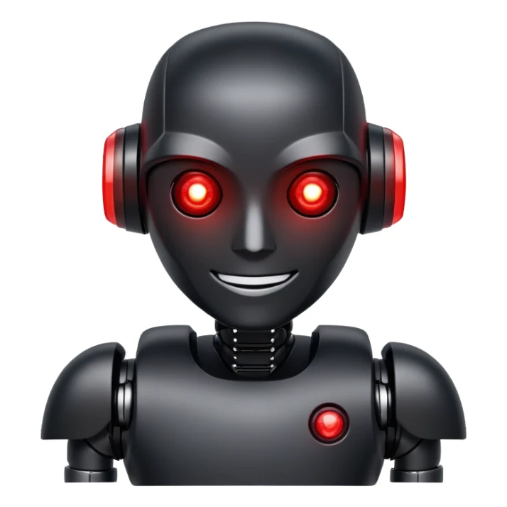 modern face of a black robot with white led eyes, red leds on robot, brave pose, smiling sticker