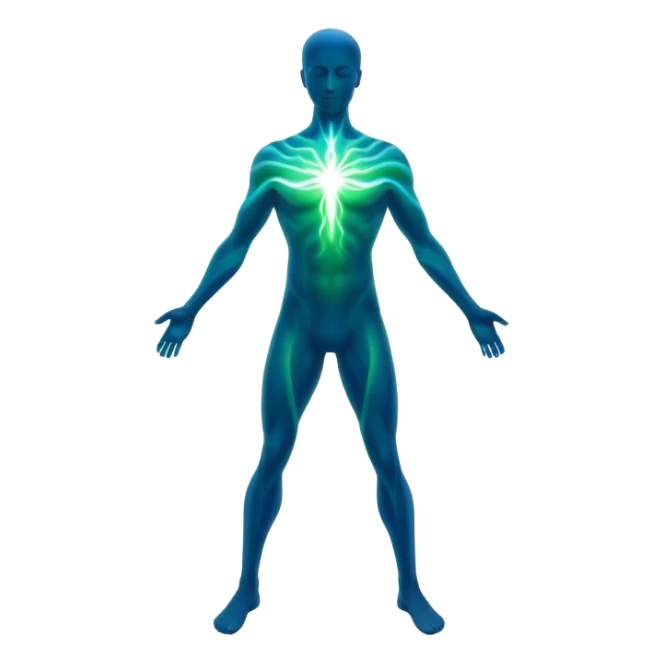 Masculine silhouette formed by radiating ethereal energy waves, abstract flowing aura in shape of man, minimalist sticker